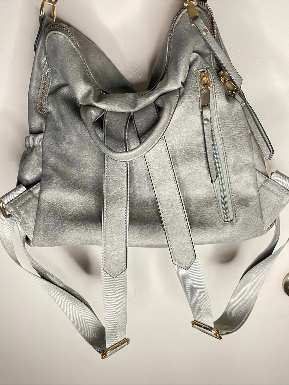 Gray Convertible Backpack Crossbody Bag Colorful Guitar Strap Gold Hardware